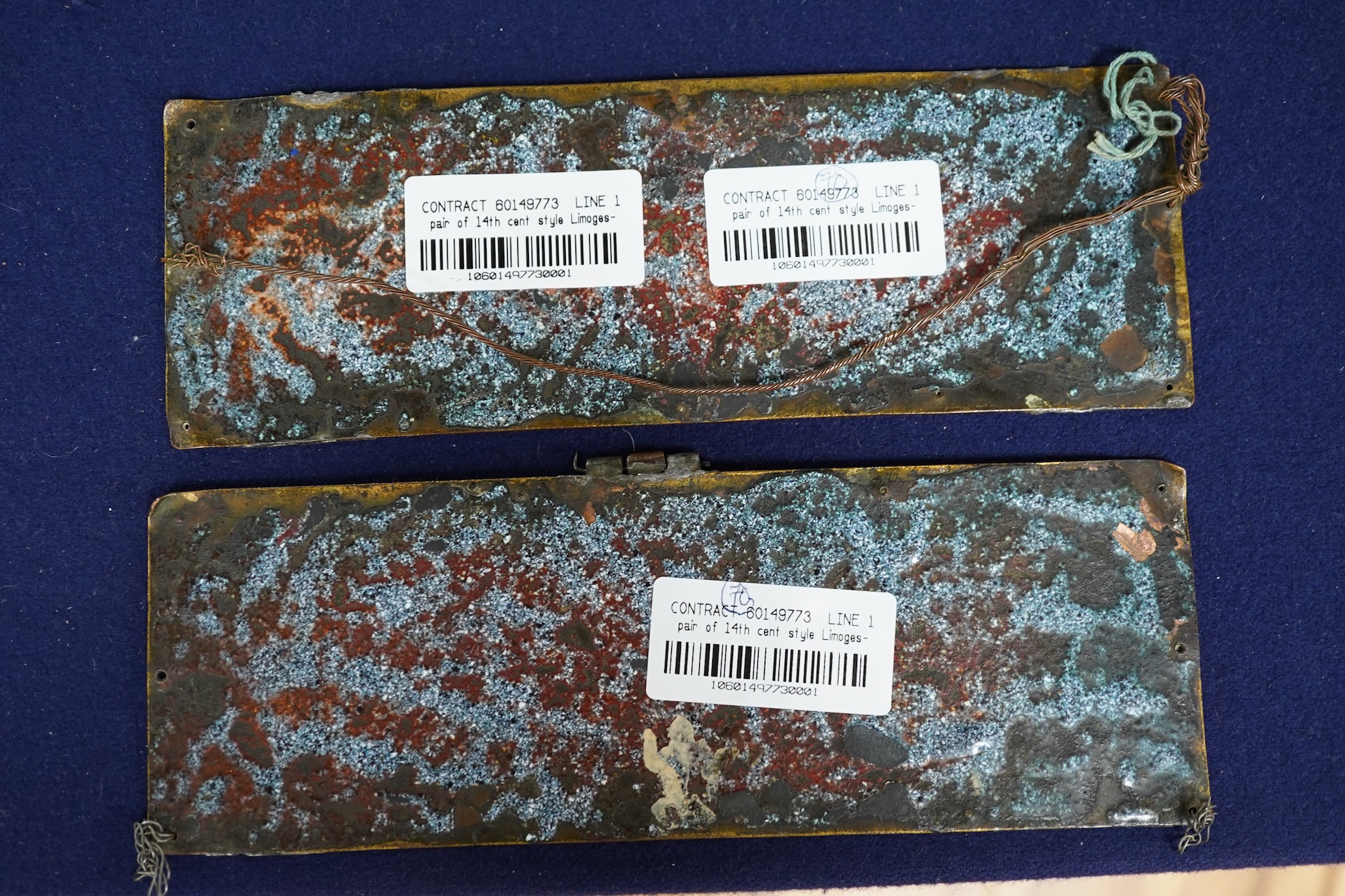 Two Limoges enamel and brass panels in medieval style, related Philips auction catalogue, 7.5 x 22cm